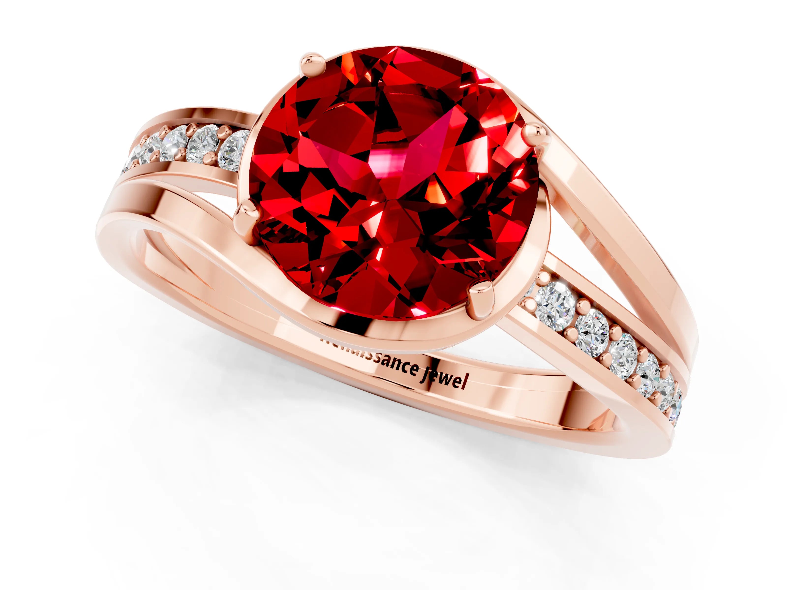 Rose gold Round Cut Ruby Solitaire Ring with Split Shank and Prong Setting_1