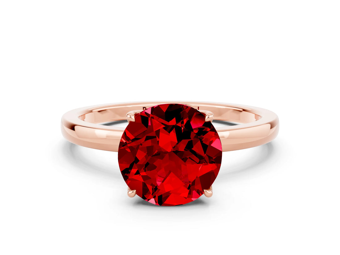 Rose gold Round Cut Ruby Solitaire Ring with Thin Band and Prong Setting_12