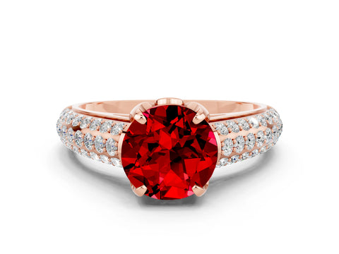 Rose gold Round Cut Ruby Solitaire Ring with Three-Row Pavé Band and Four-Prong Setting_12