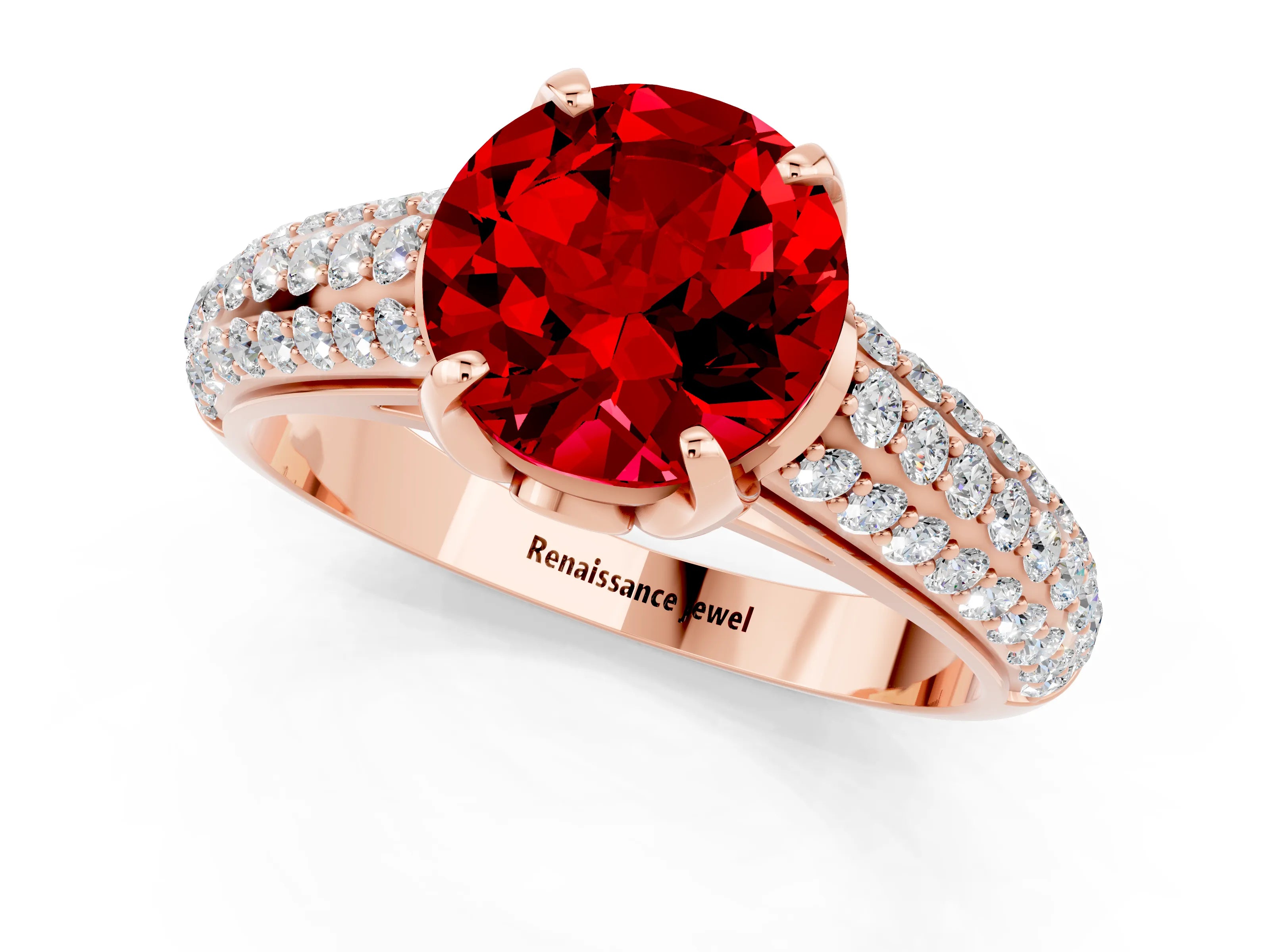 Rose gold Round Cut Ruby Solitaire Ring with Three-Row Pavé Band and Four-Prong Setting_13