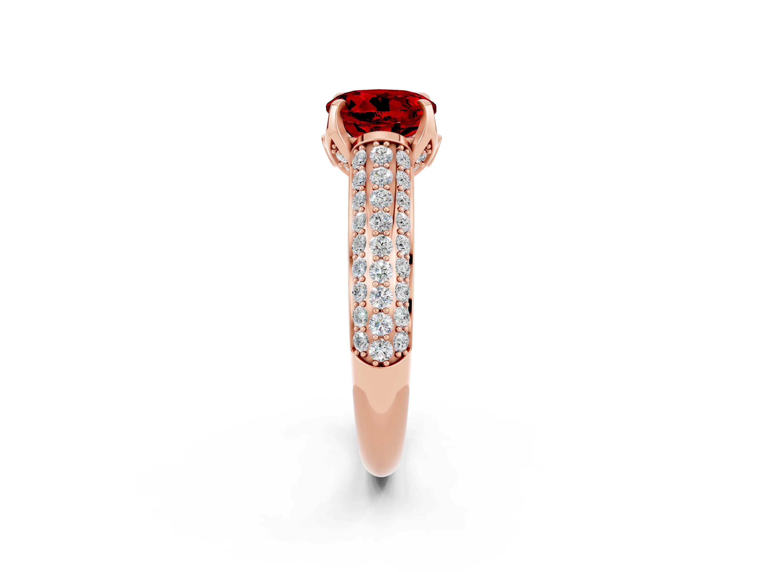 Rose gold Round Cut Ruby Solitaire Ring with Three-Row Pavé Band and Four-Prong Setting_14