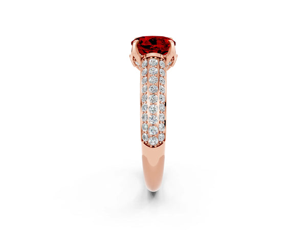 Rose gold Round Cut Ruby Solitaire Ring with Three-Row Pavé Band and Four-Prong Setting