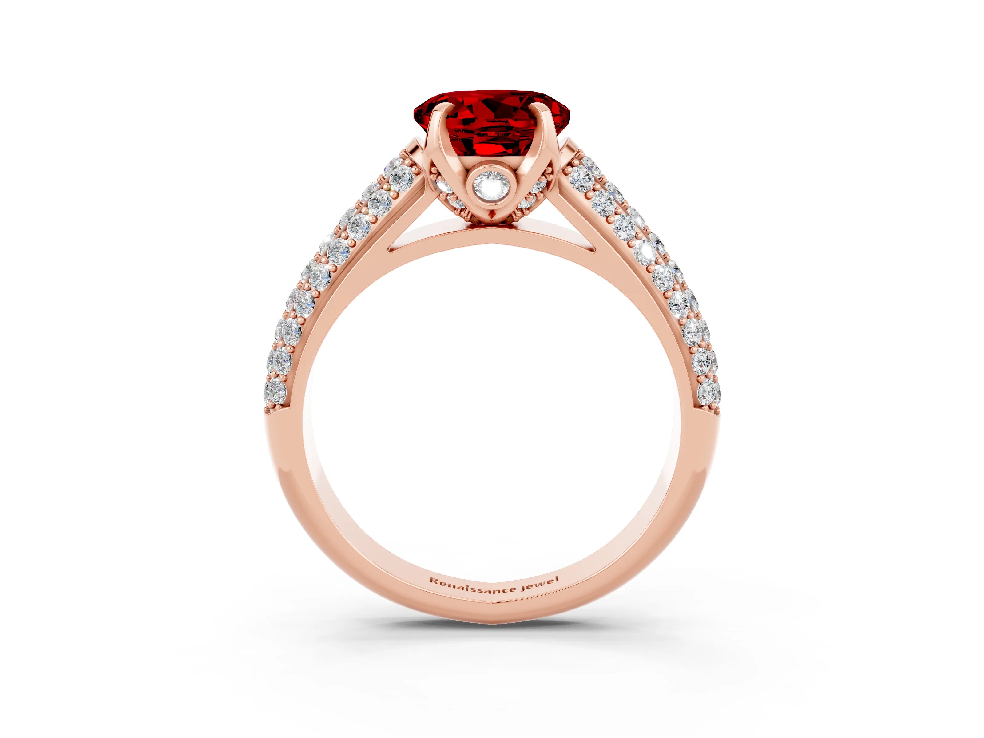 Rose gold Round Cut Ruby Solitaire Ring with Three-Row Pavé Band and Four-Prong Setting_15