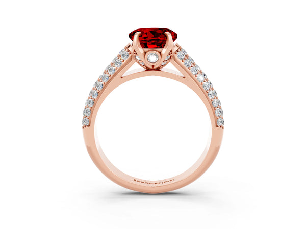 Rose gold Round Cut Ruby Solitaire Ring with Three-Row Pavé Band and Four-Prong Setting