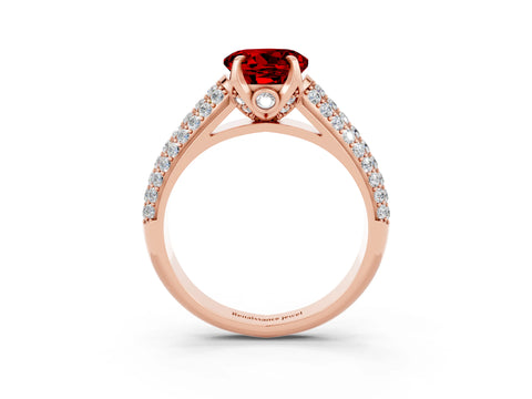 Rose gold Round Cut Ruby Solitaire Ring with Three-Row Pavé Band and Four-Prong Setting_15