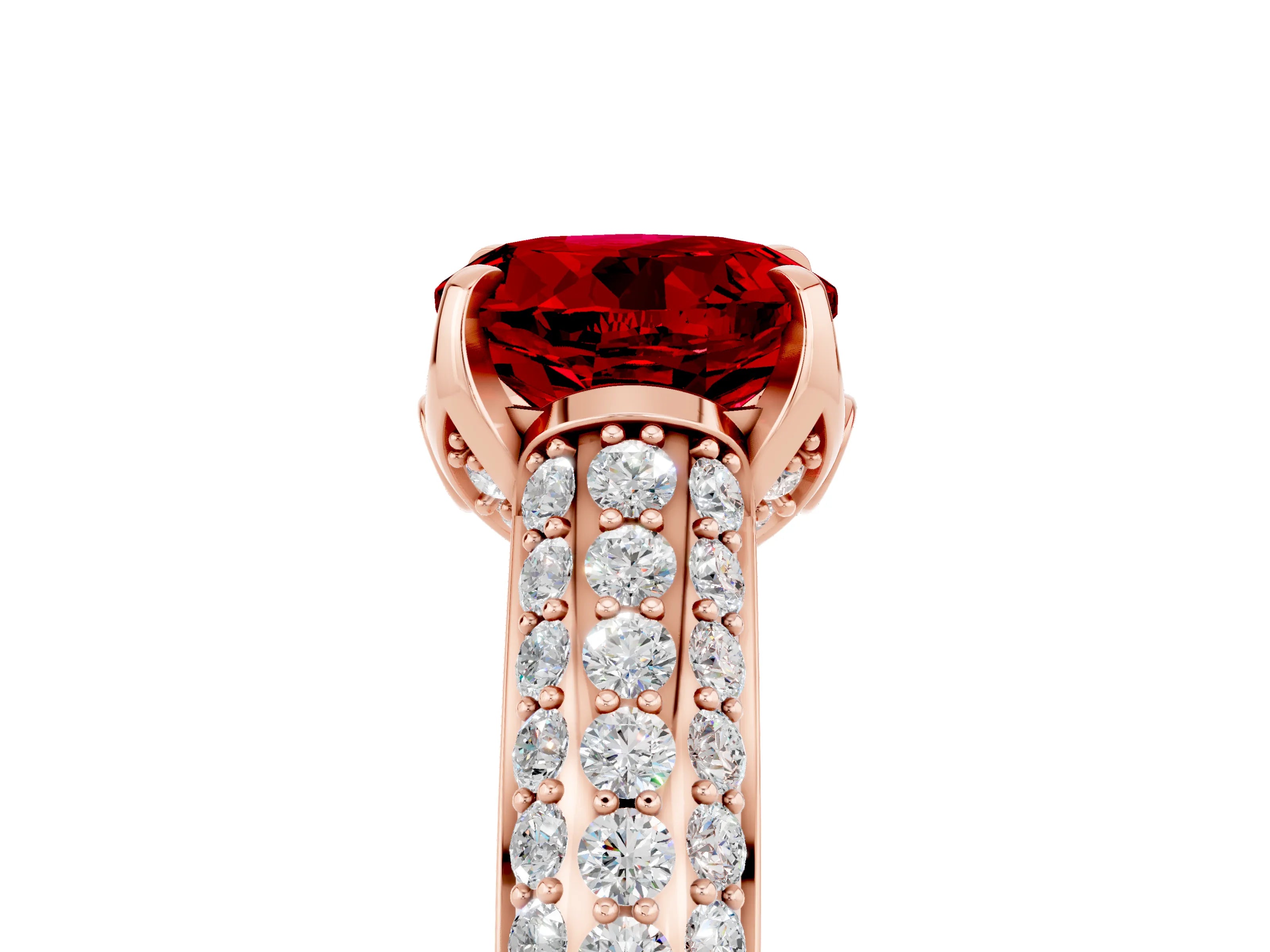 Rose gold Round Cut Ruby Solitaire Ring with Three-Row Pavé Band and Four-Prong Setting_17