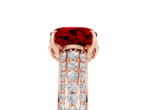 Rose gold Round Cut Ruby Solitaire Ring with Three-Row Pavé Band and Four-Prong Setting_17