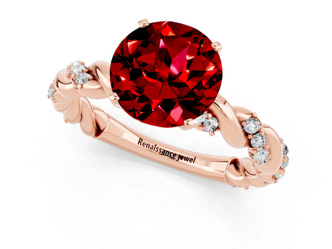 Rose gold Round Cut Ruby Solitaire Ring with Twisted Band and Pavé Accents_1