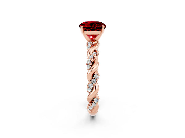 Rose gold Round Cut Ruby Solitaire Ring with Twisted Band and Pavé Accents