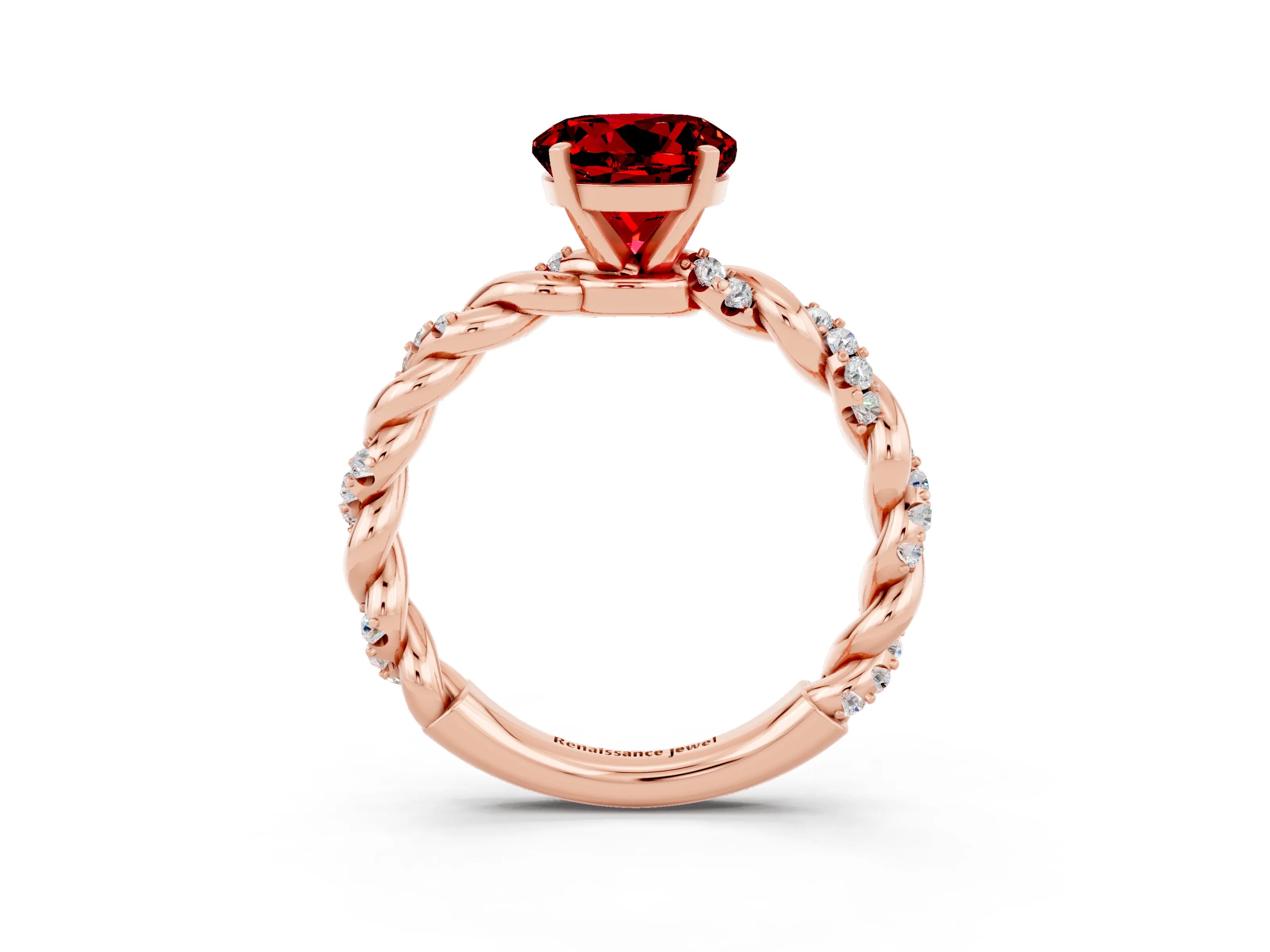 Rose gold Round Cut Ruby Solitaire Ring with Twisted Band and Pavé Accents_3