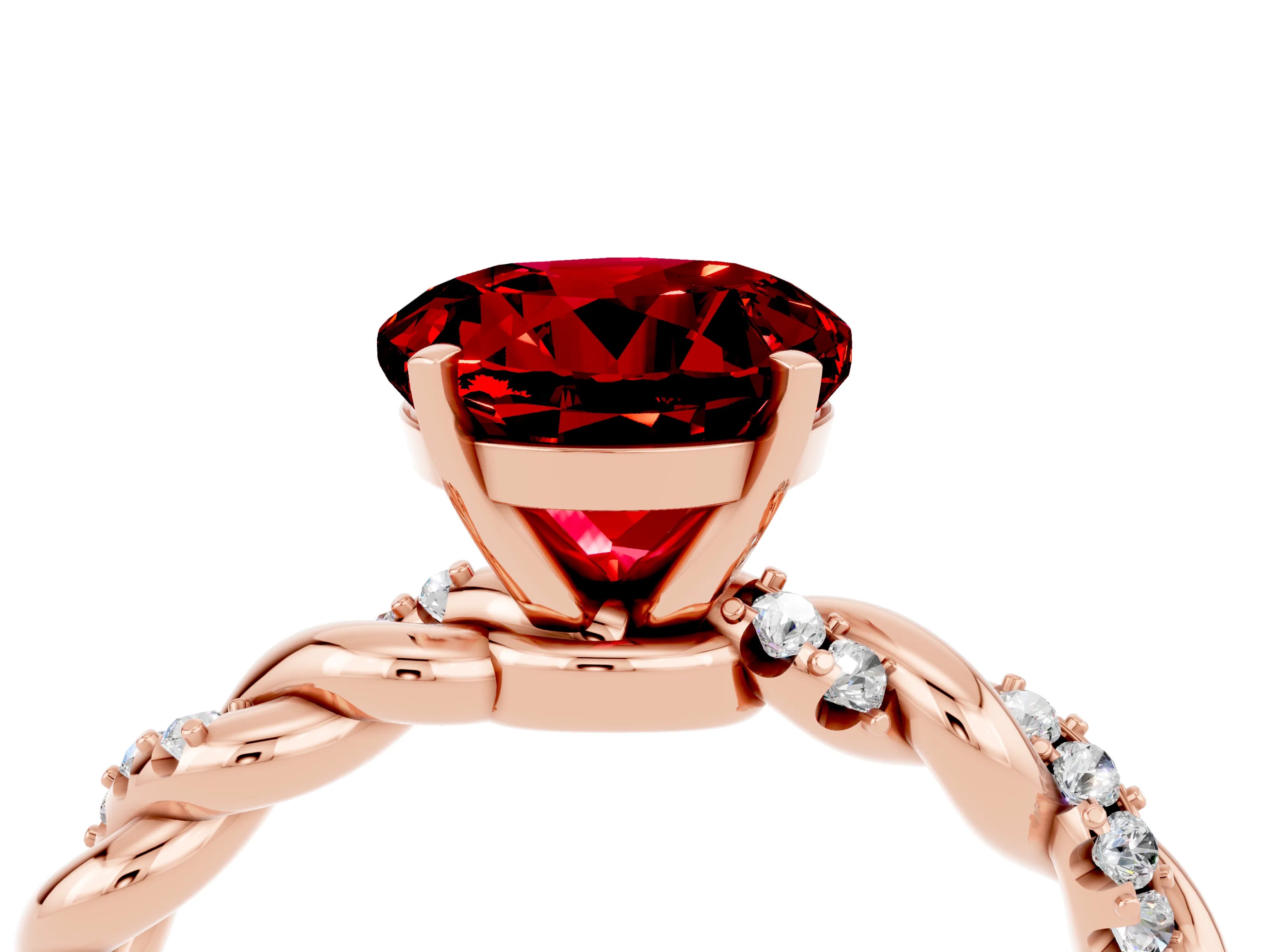 Rose gold Round Cut Ruby Solitaire Ring with Twisted Band and Pavé Accents_4