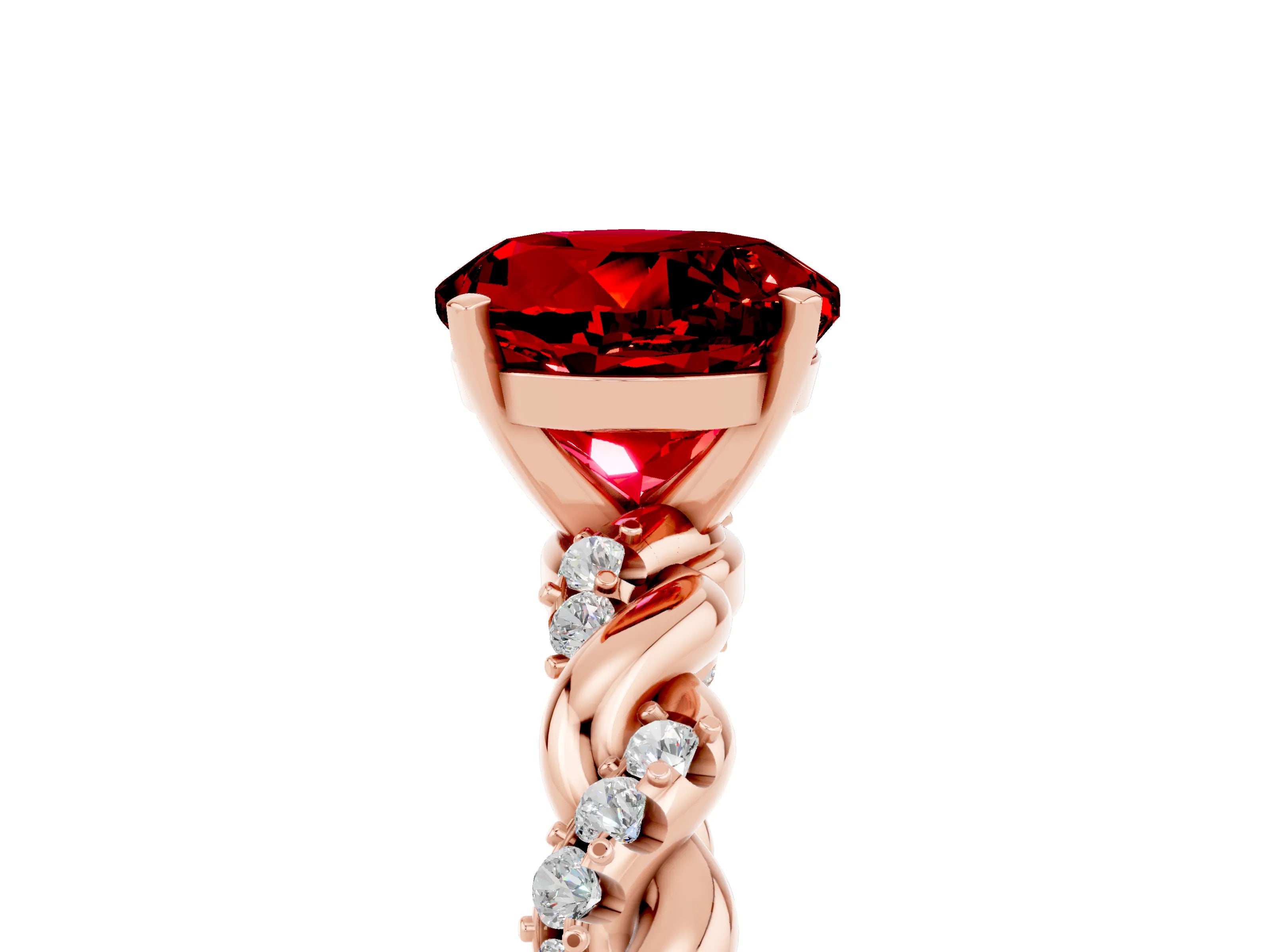 Rose gold Round Cut Ruby Solitaire Ring with Twisted Band and Pavé Accents_5