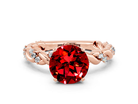 Rose gold Round Cut Ruby Solitaire Ring with Twisted Band and Pavé Accents