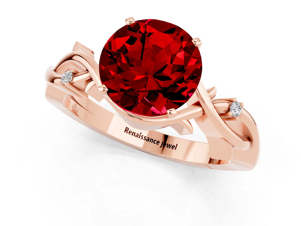 Rose gold Round Cut Ruby Solitaire Ring with Twisted Band and Prong Setting