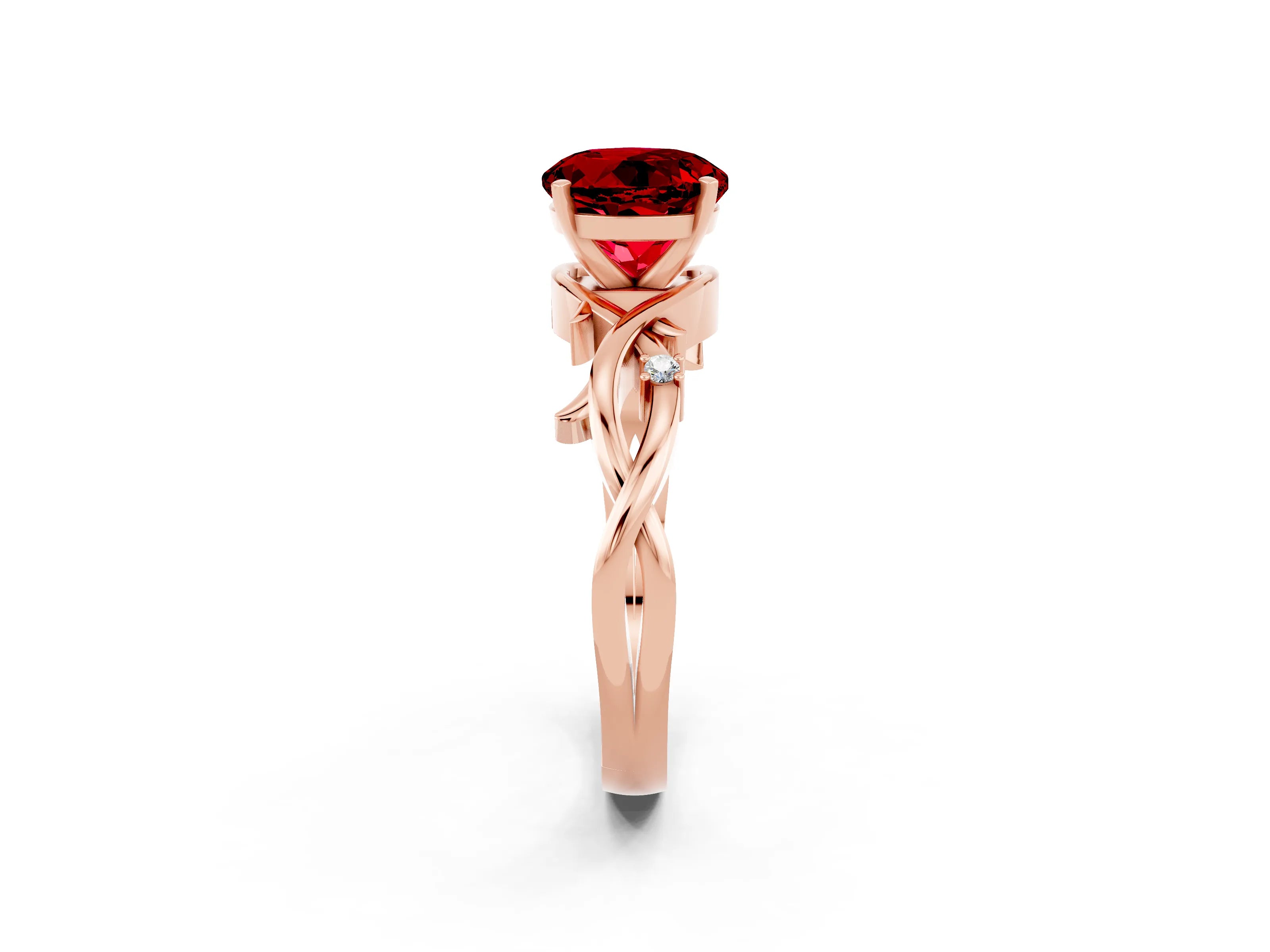 Rose gold Round Cut Ruby Solitaire Ring with Twisted Band and Prong Setting_2