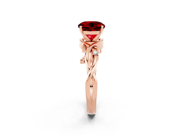 Rose gold Round Cut Ruby Solitaire Ring with Twisted Band and Prong Setting