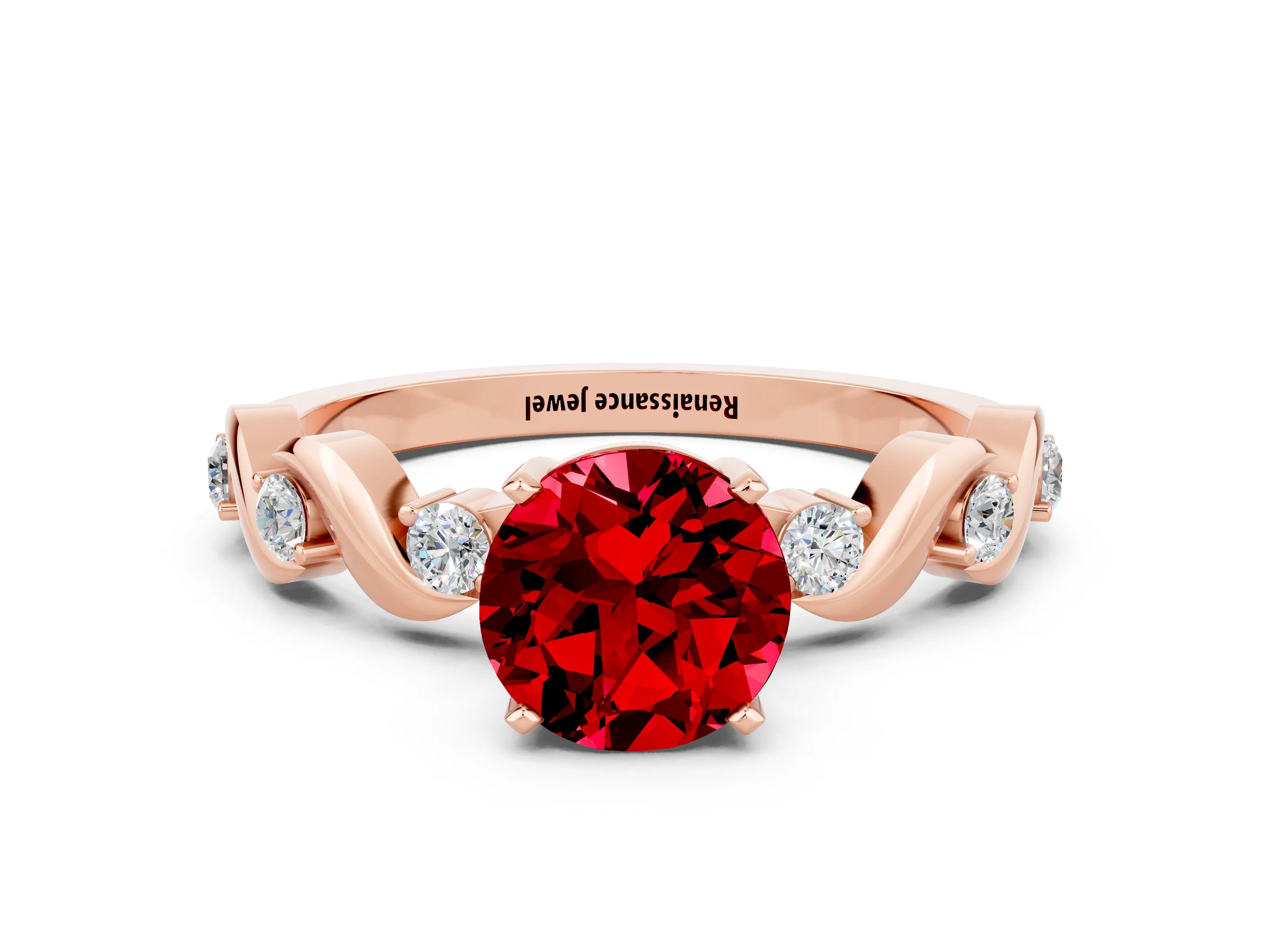 Rose gold Round Cut Ruby Solitaire Twisted Band with Round  Accents and Prong Setting_12