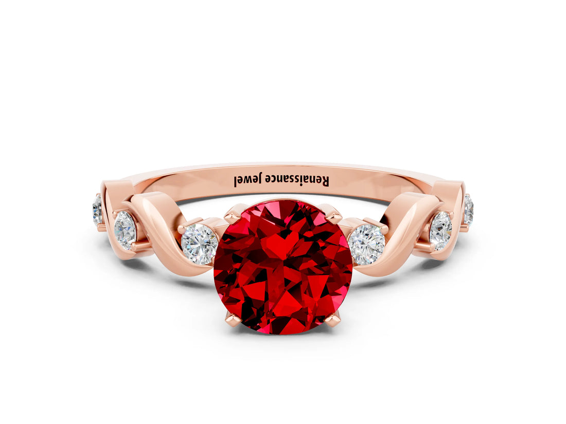 Rose gold Round Cut Ruby Solitaire Twisted Band with Round  Accents and Prong Setting_12