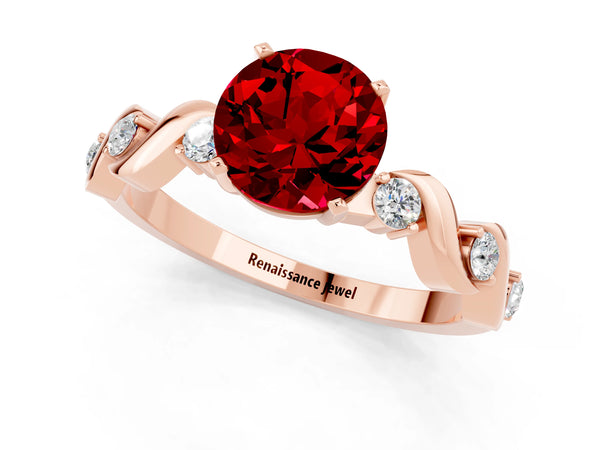 Rose gold Round Cut Ruby Solitaire Twisted Band with Round  Accents and Prong Setting