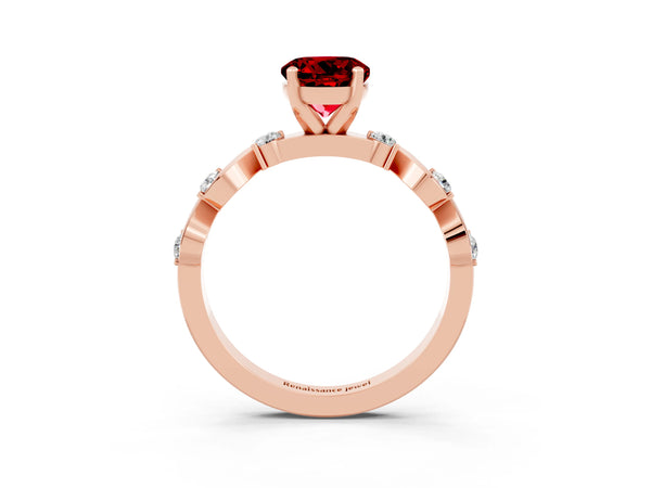 Rose gold Round Cut Ruby Solitaire Twisted Band with Round  Accents and Prong Setting