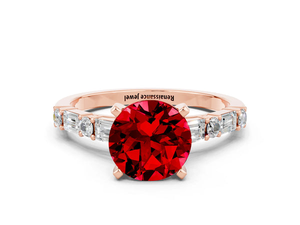 Rose gold Round Cut Ruby Solitaire with Side Baguettes and Channel Set Band
