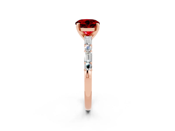 Rose gold Round Cut Ruby Solitaire with Side Baguettes and Channel Set Band