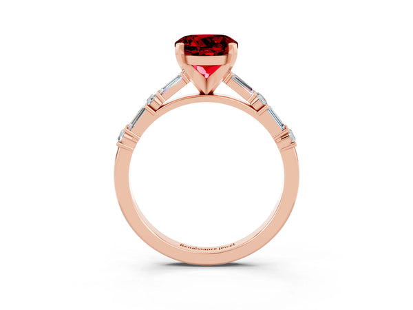 Rose gold Round Cut Ruby Solitaire with Side Baguettes and Channel Set Band