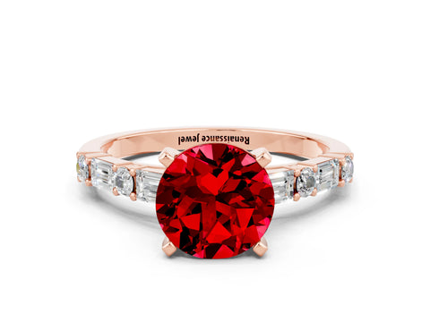 Rose gold Round Cut Ruby Solitaire with Side Baguettes and Channel Set Band