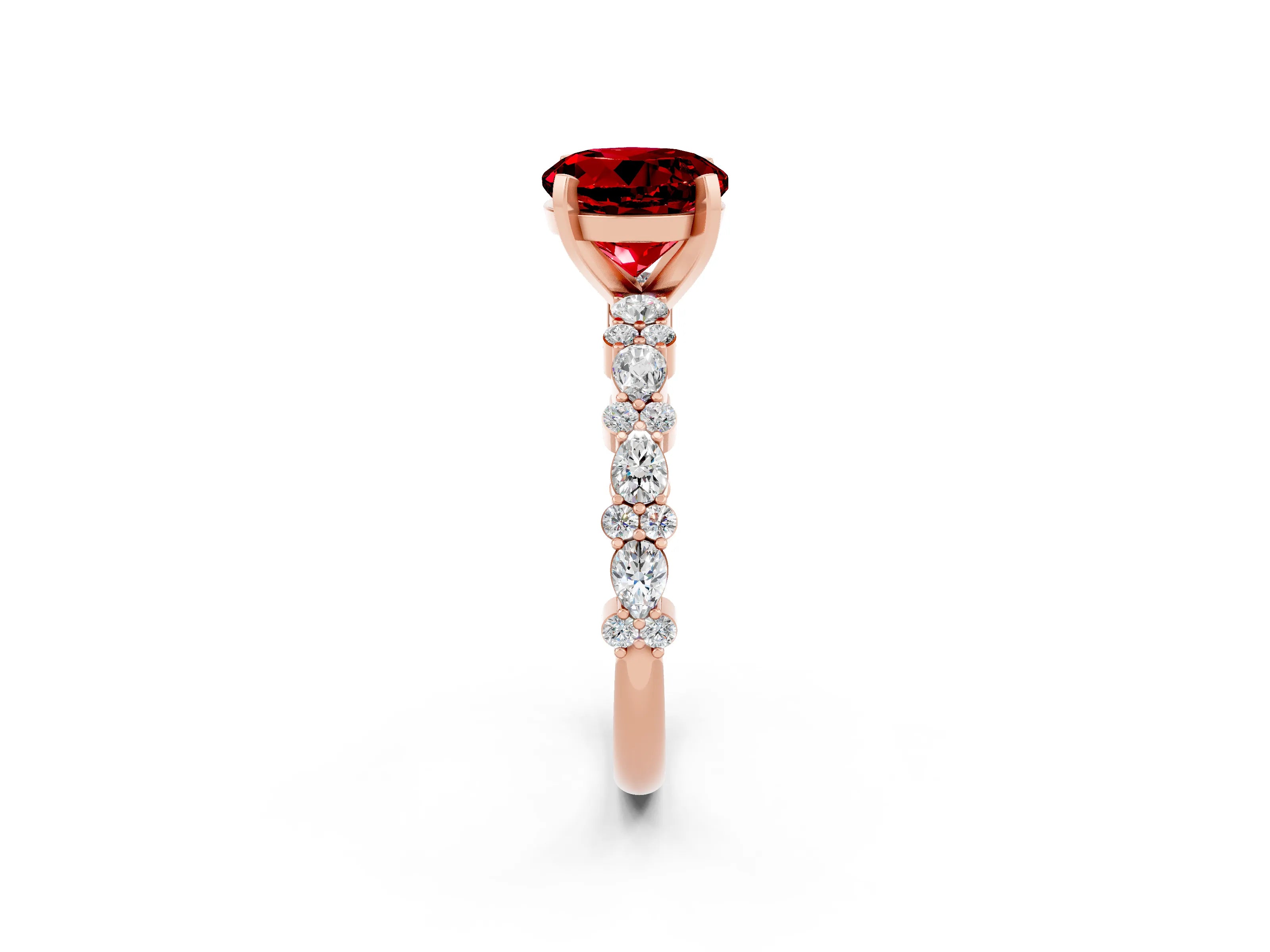 Rose gold Round Cut Ruby Solitaire with Side Stones, Pave Band, Four-Prong Setting_38