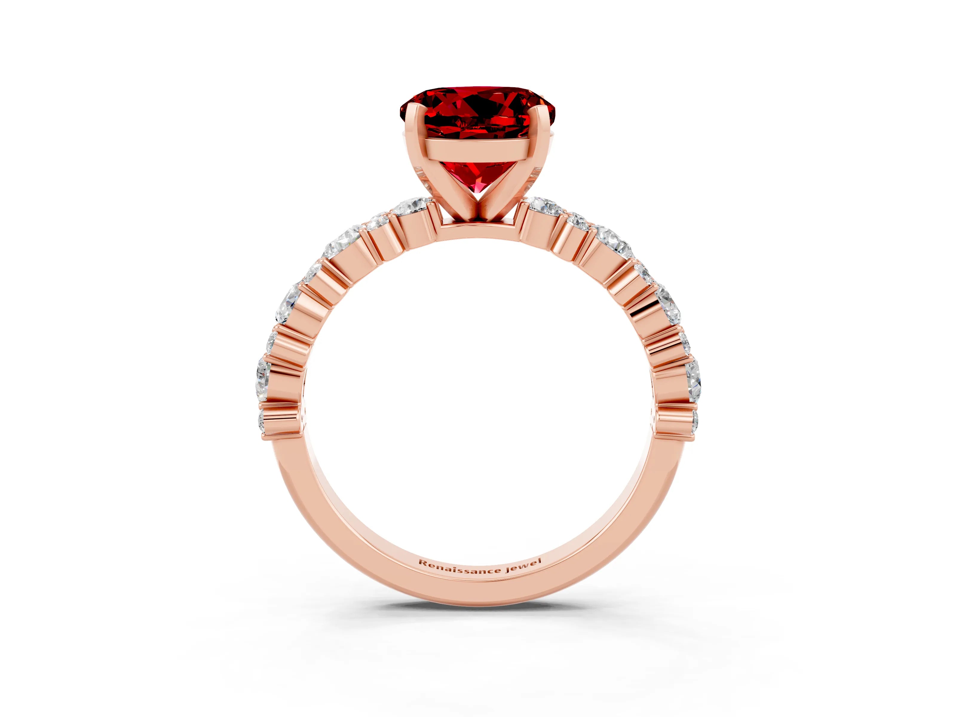 Rose gold Round Cut Ruby Solitaire with Side Stones, Pave Band, Four-Prong Setting_39