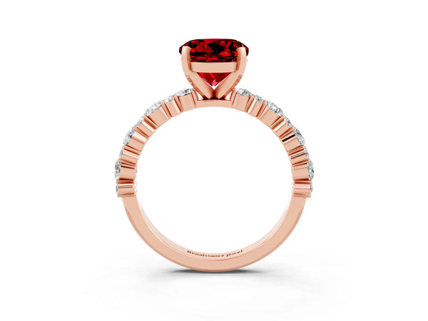 Rose gold Round Cut Ruby Side Stone Solitaire Ring with Round  and Four-Prong Setting
