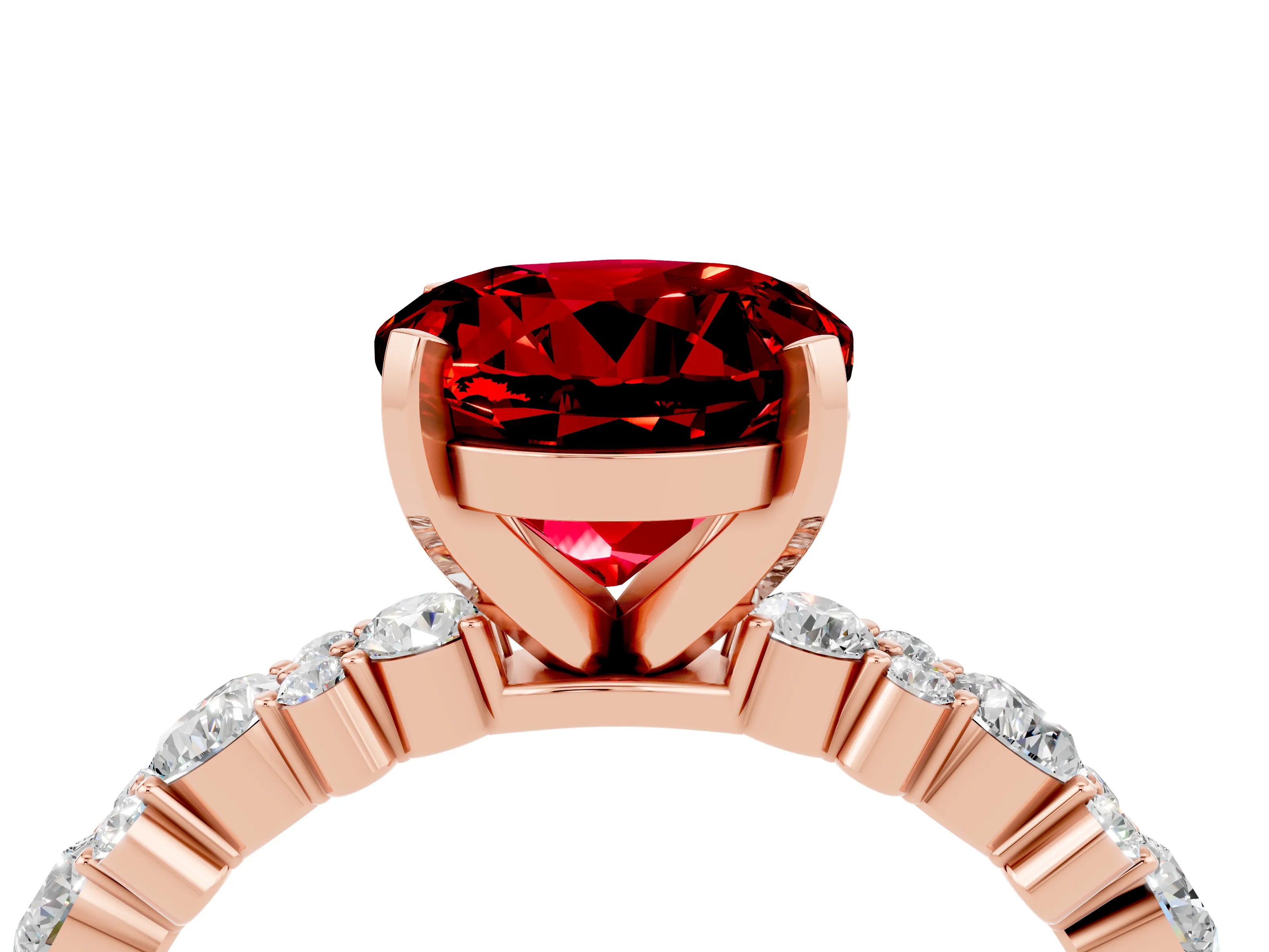Rose gold Round Cut Ruby Solitaire with Side Stones, Pave Band, Four-Prong Setting_40