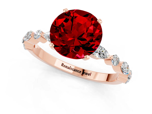 Rose gold Round Cut Ruby Ring with Marquise and Round  Side Stones and Four-Prong Setting