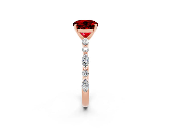 Rose gold Round Cut Ruby Ring with Marquise and Round  Side Stones and Four-Prong Setting