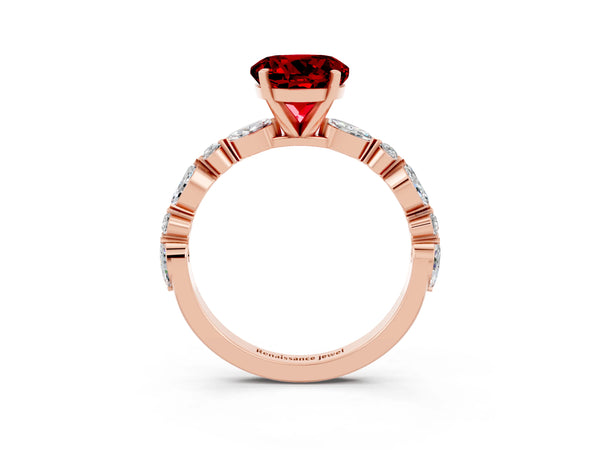 Rose gold Round Cut Ruby Ring with Marquise and Round  Side Stones and Four-Prong Setting