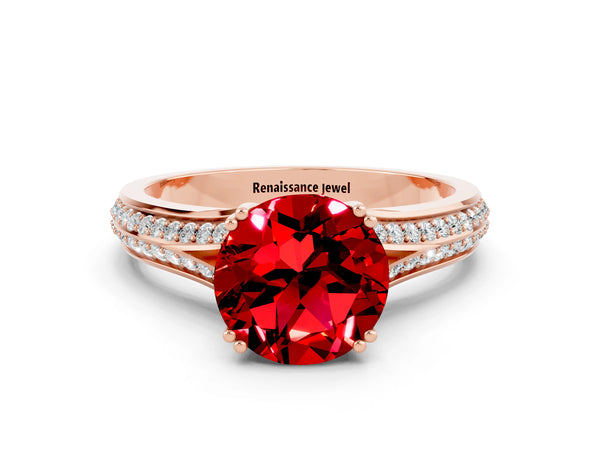 Rose gold Round Cut Ruby Split Shank Engagement Ring with Pavé Band