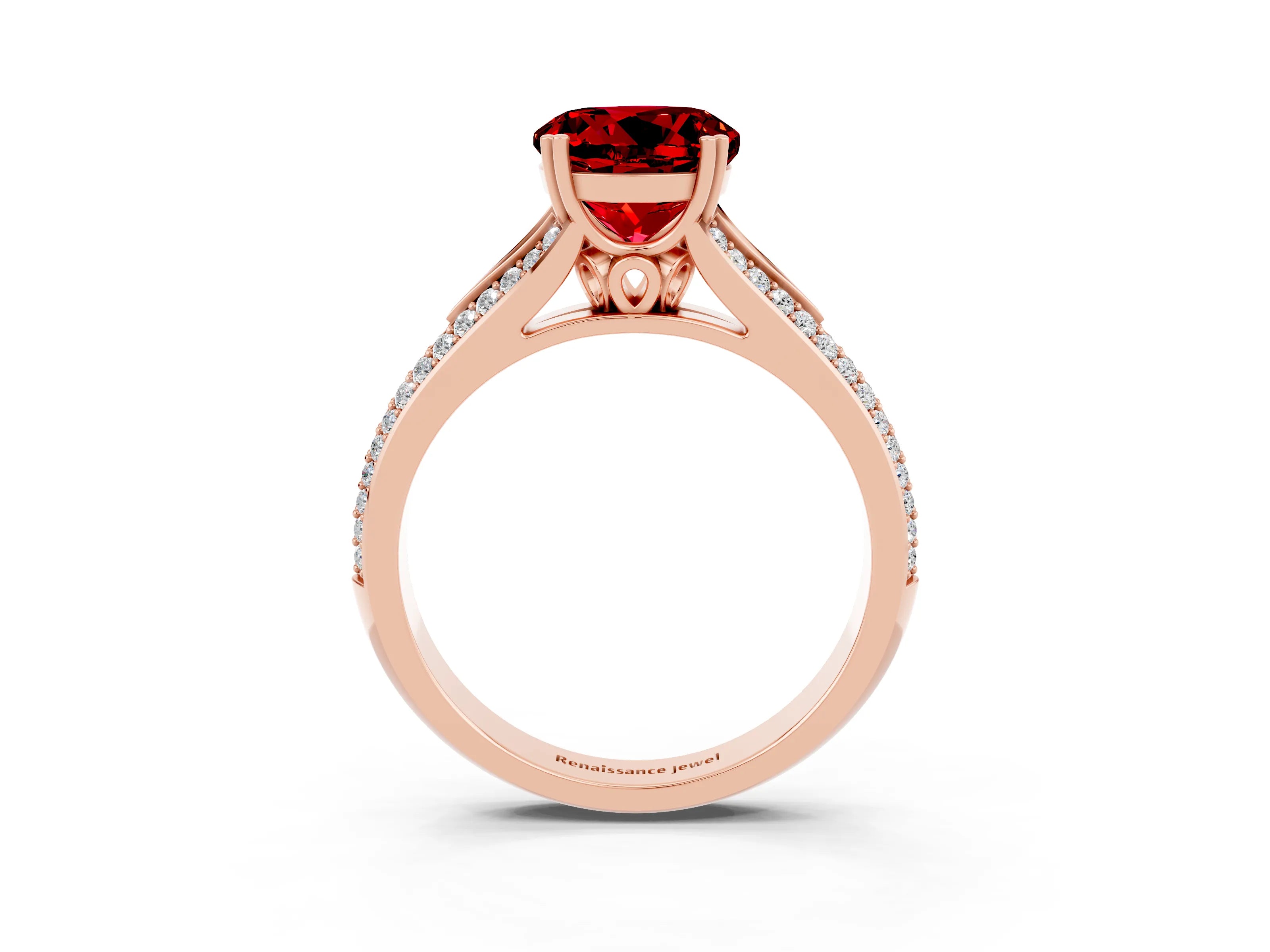 Rose gold Round Cut Ruby Split Shank Engagement Ring with Pavé Band_3