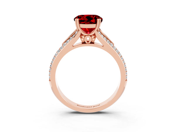 Rose gold Round Cut Ruby Split Shank Engagement Ring with Pavé Band