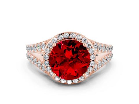 Rose gold Round Cut Ruby Split Shank Halo Ring with Four-Prong Setting_12