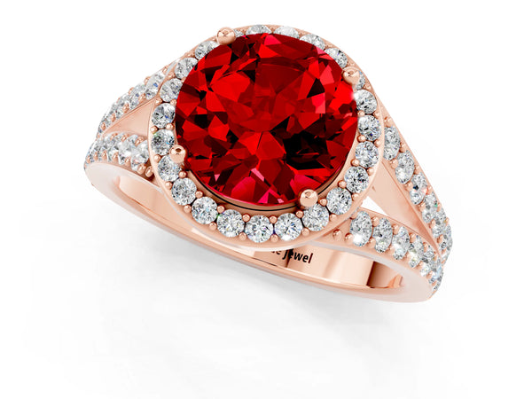 Rose gold Round Cut Ruby Split Shank Halo Ring with Four-Prong Setting