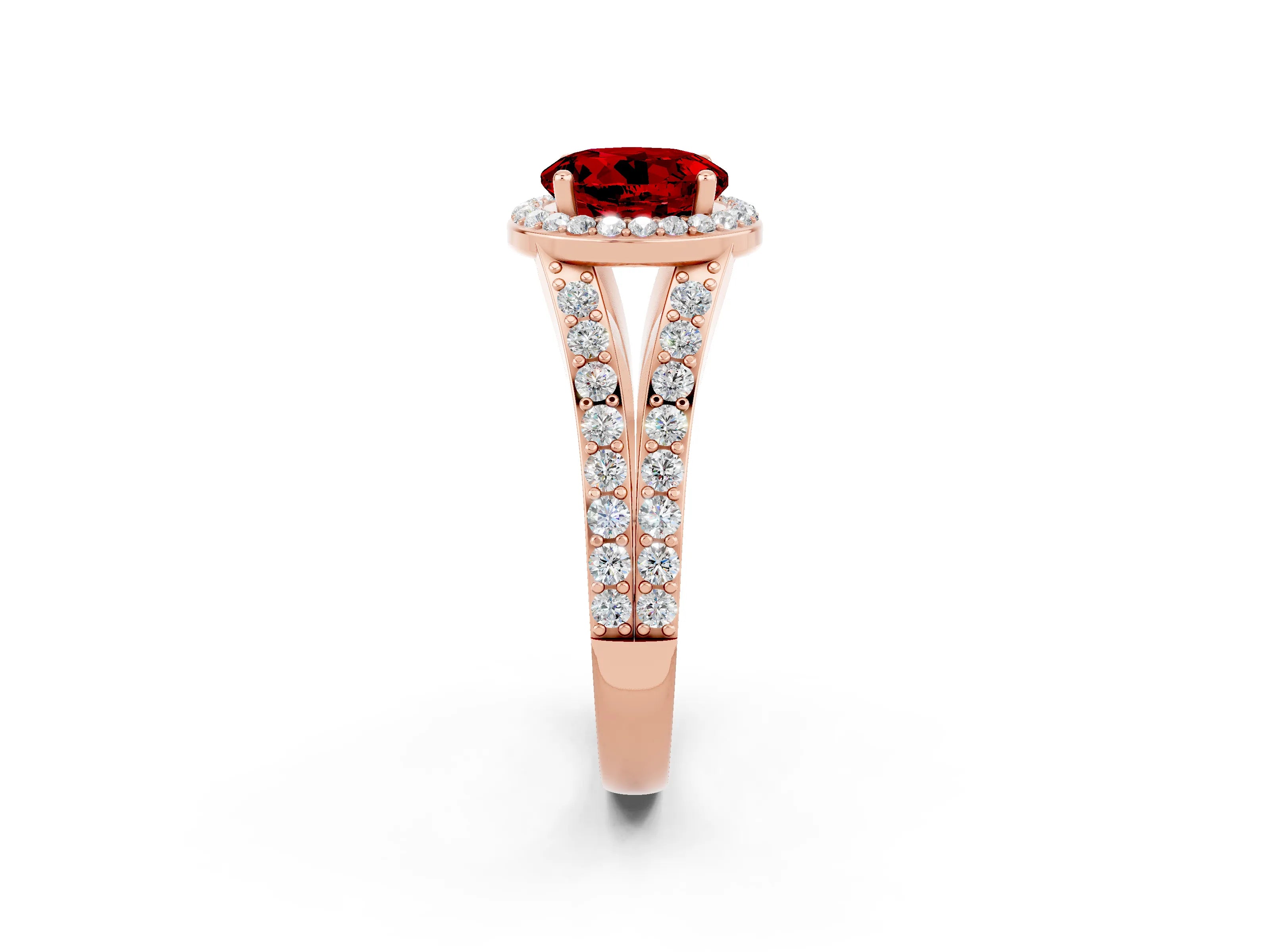 Rose gold Round Cut Ruby Split Shank Halo Ring with Four-Prong Setting_14