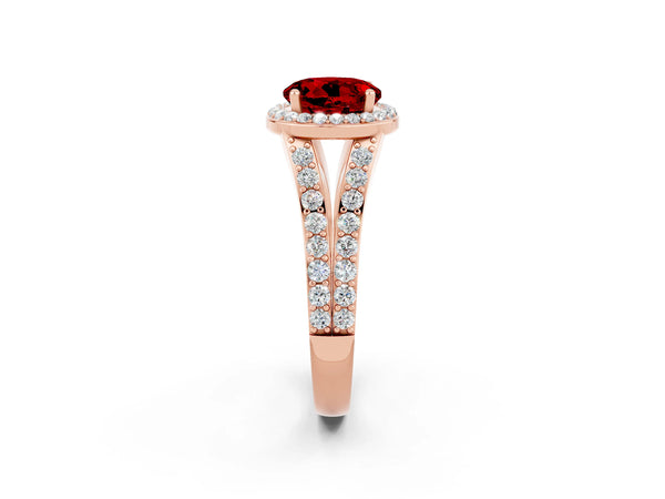 Rose gold Round Cut Ruby Split Shank Halo Ring with Four-Prong Setting