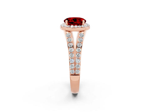 Rose gold Round Cut Ruby Split Shank Halo Ring with Four-Prong Setting_14