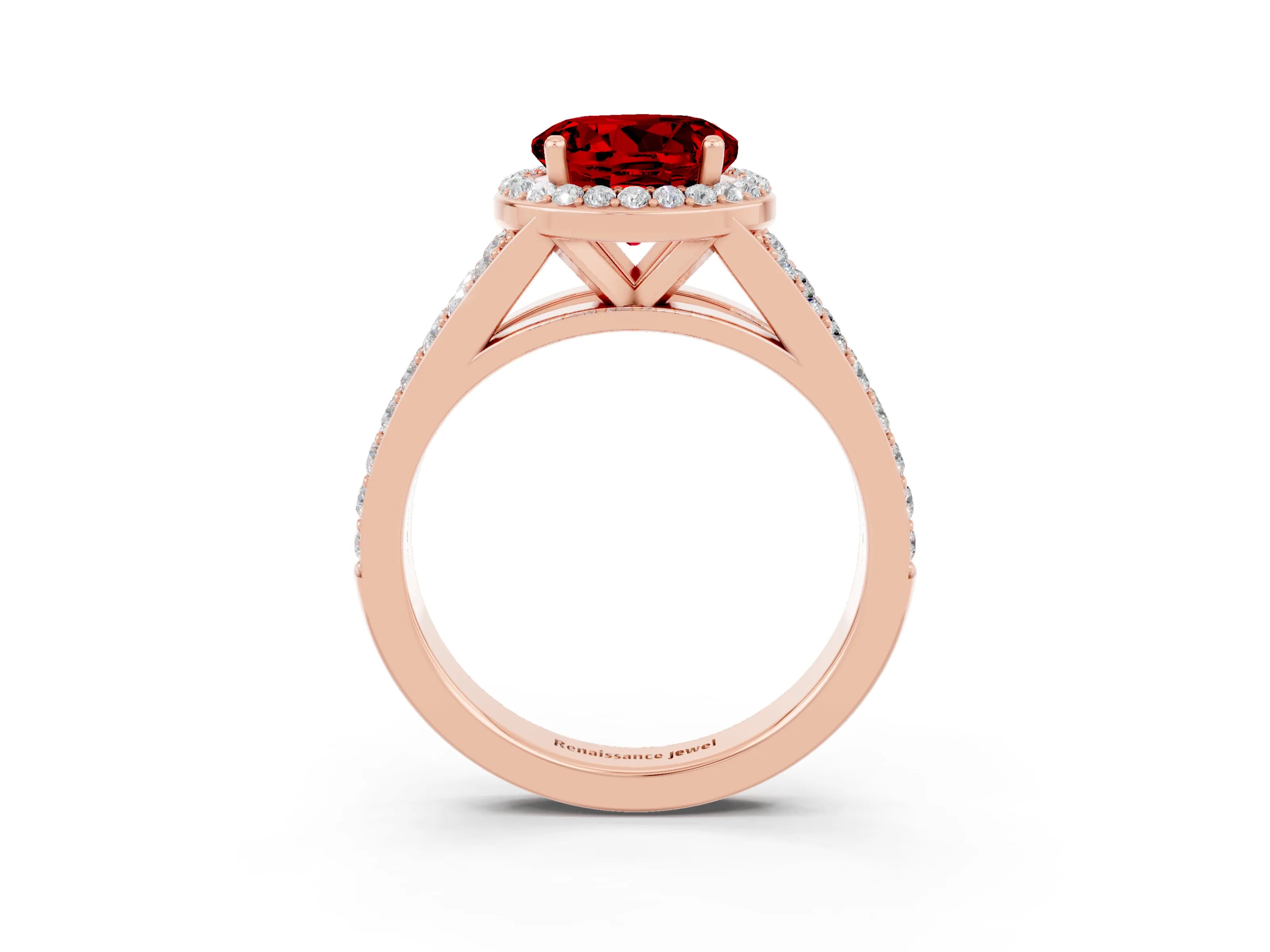 Rose gold Round Cut Ruby Split Shank Halo Ring with Four-Prong Setting_15