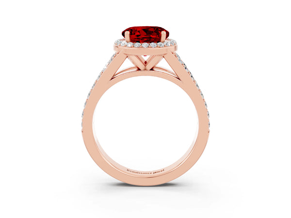Rose gold Round Cut Ruby Split Shank Halo Ring with Four-Prong Setting