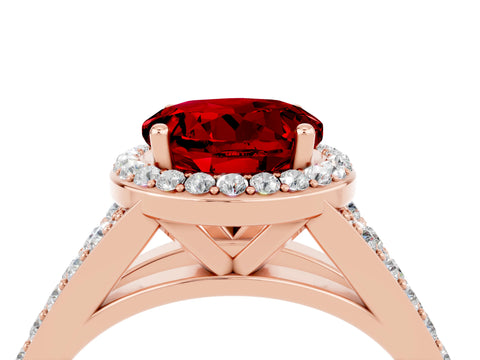 Rose gold Round Cut Ruby Split Shank Halo Ring with Four-Prong Setting_16