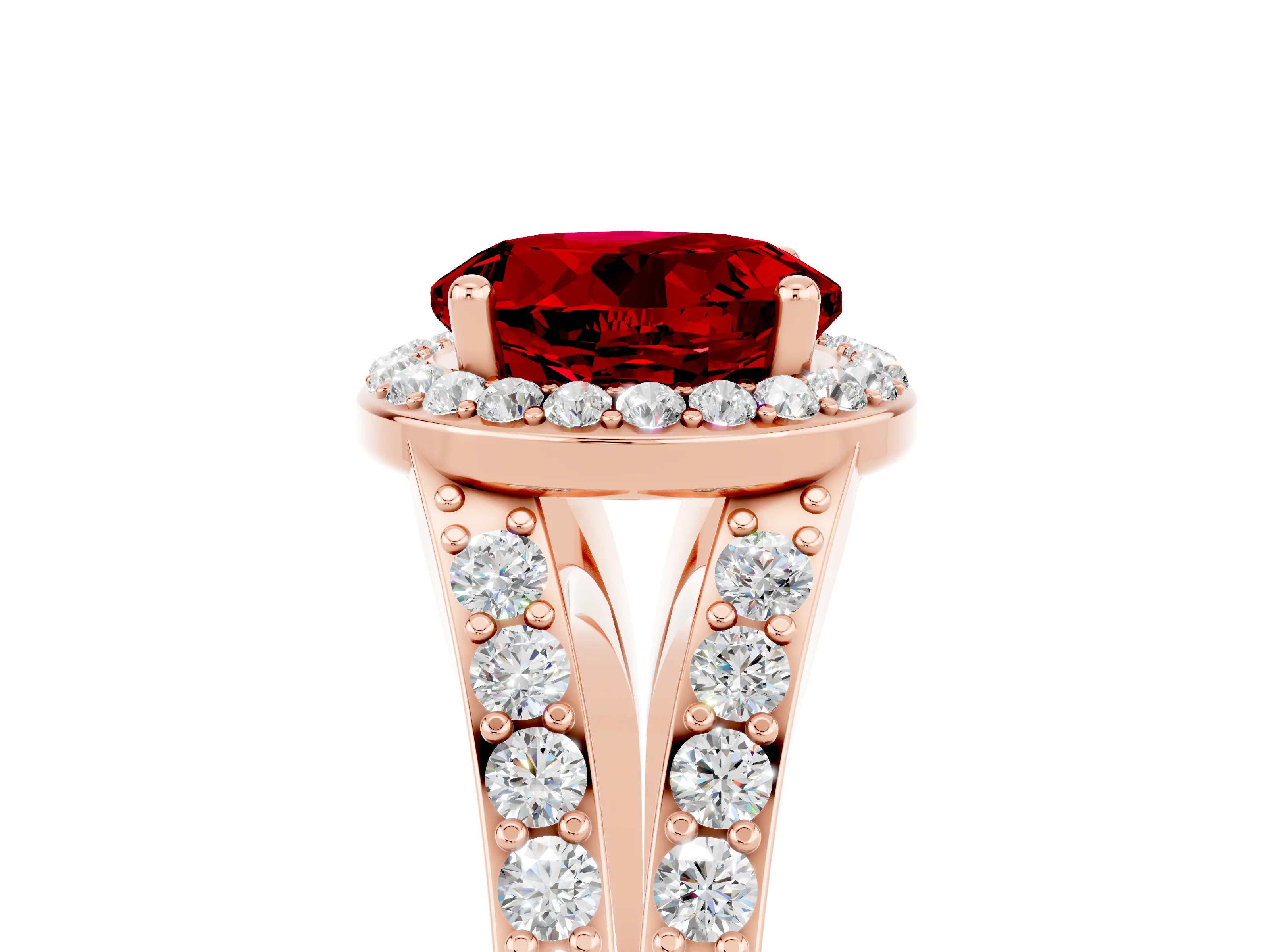 Rose gold Round Cut Ruby Split Shank Halo Ring with Four-Prong Setting_17