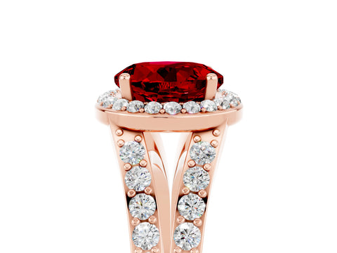 Rose gold Round Cut Ruby Split Shank Halo Ring with Four-Prong Setting_17