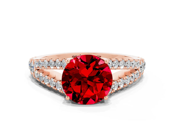 Rose gold Round Cut Ruby Split Shank Pavé Engagement Ring with Four-Prong Setting
