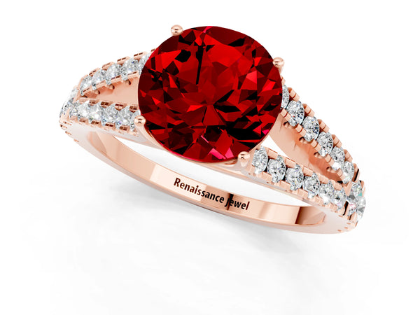 Rose gold Round Cut Ruby Split Shank Pavé Engagement Ring with Four-Prong Setting